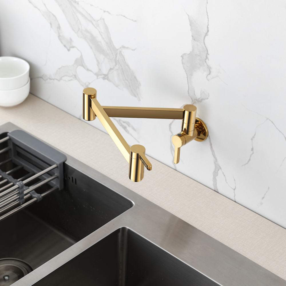 Moderner Topffüller-Wasserhahn aus gebürstetem Gold, Wandhalterung, aus massivem Messing, quadratisch, klappbar, für Küchenspüle, Einlochmontage