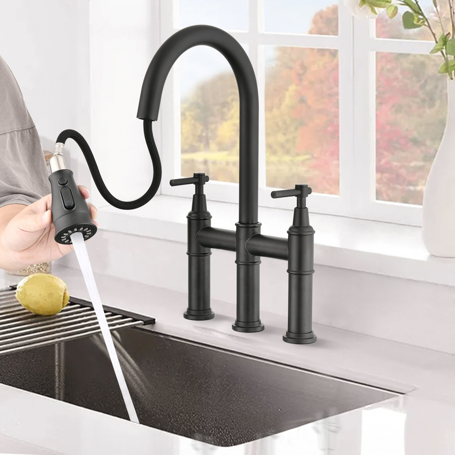 Aquacubic cUPC Mattschwarzer, herunterziehbarer Sprüher-Brücken-Küchenarmatur mit Wasserfilter-Wasserhahn