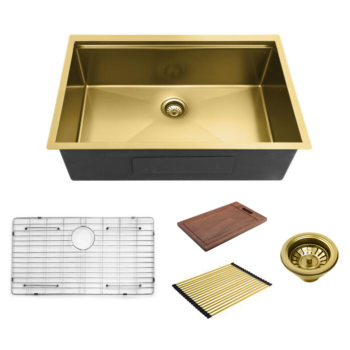 Aquacubic cUPC PVD Nano 27 x 19 Zoll Luxuriöses goldenes 304 Edelstahl-Einzelbecken Unterbau-Küchenspüle mit Leiste