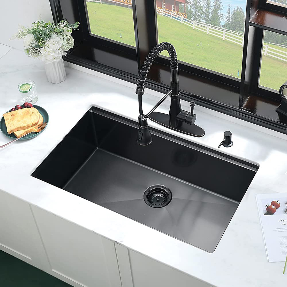 32' x 19' Edelstahl Handgemachte Undermount Gunmetal Black Nano Küchenspüle mit Leiste