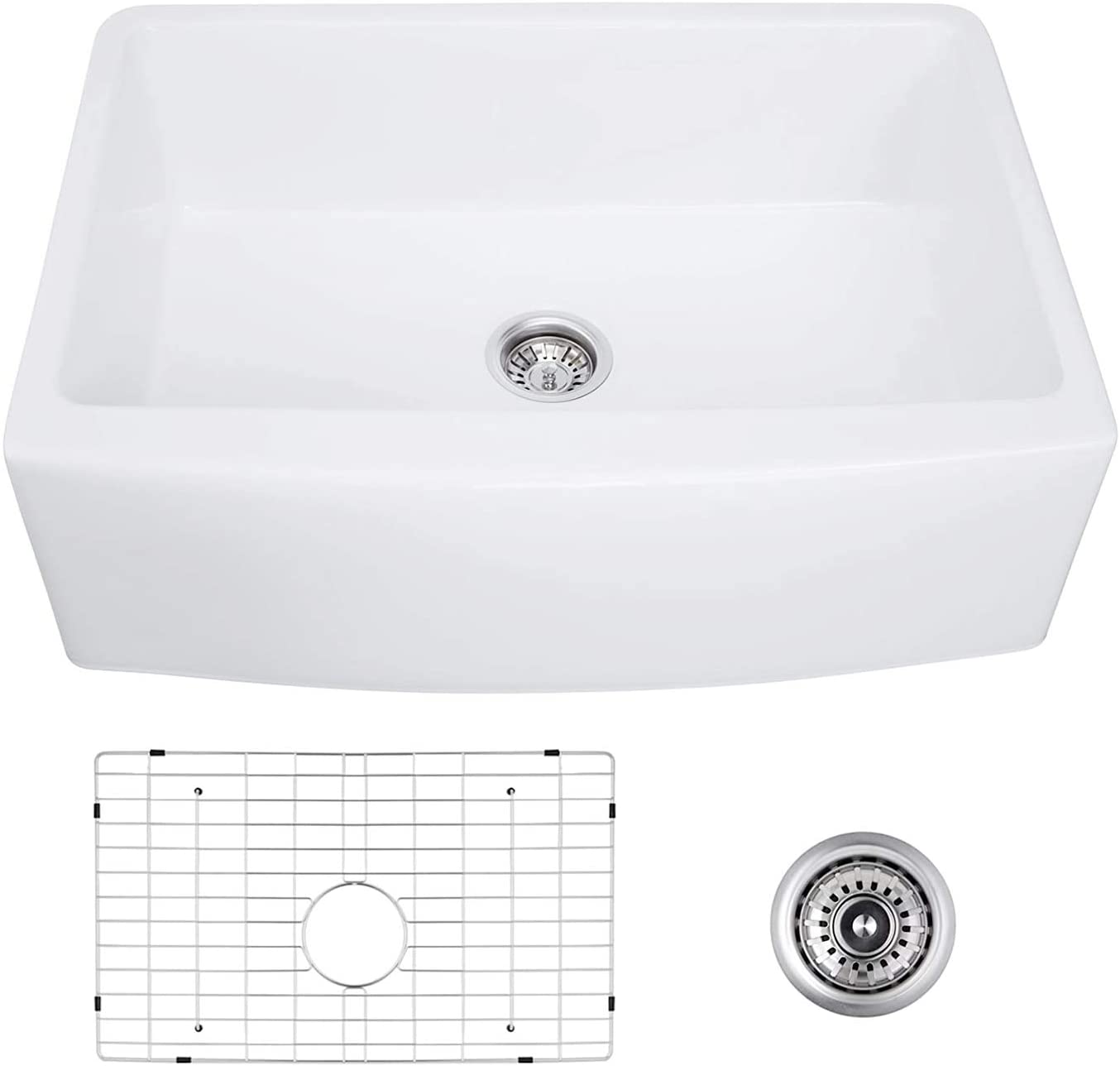 30-Zoll-weiße Schamott-Bauernhaus-Einzelschüssel, umkehrbar, Küchenspüle mit schützendem Bodengitter und Sieb